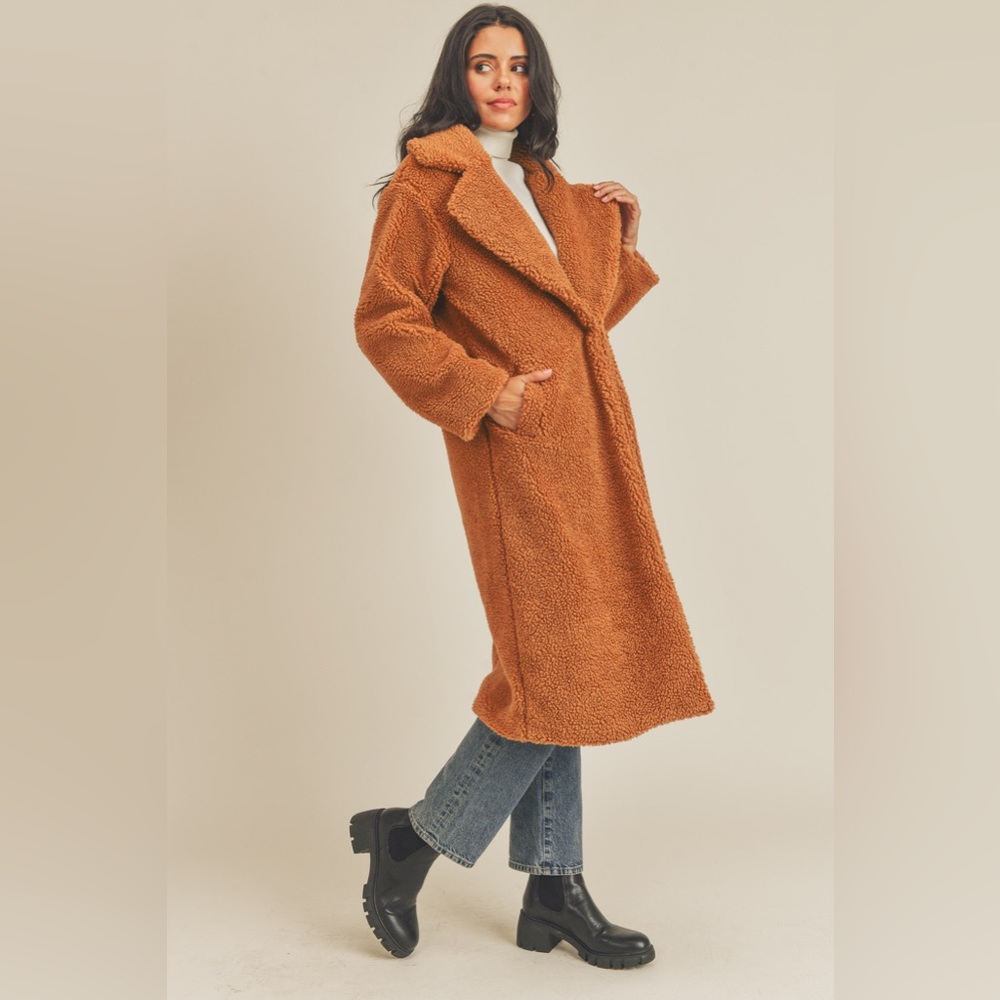 Leila Full Length Teddy Coat in Camel